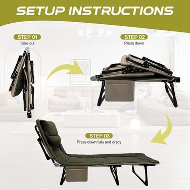 Розкладне ліжко для кемпінгу XXL - широке кемпінгове ліжко, розкладне ліжко, карпове ліжко з регульованою спинкою, ліжко для саду та відпочинку на відкритому повітрі (зелене)