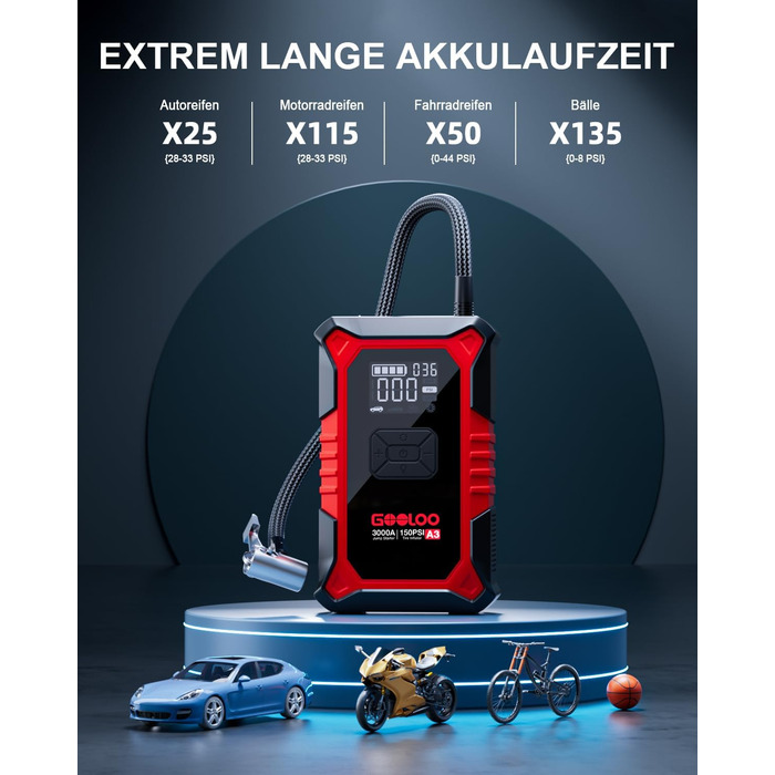 Powerbank з компресором GOOLOO A3 для автомобіля 12V (до 9.0L бензин/6.5L дизель), 3000A, 150PSI, LED дисплей