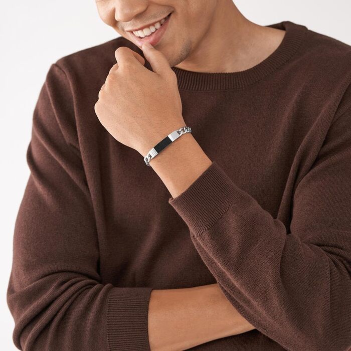 Чоловічий браслет Fossil з нержавіючої сталі або шкіри з застібкою-метеликом. Срібний та чорний колір.