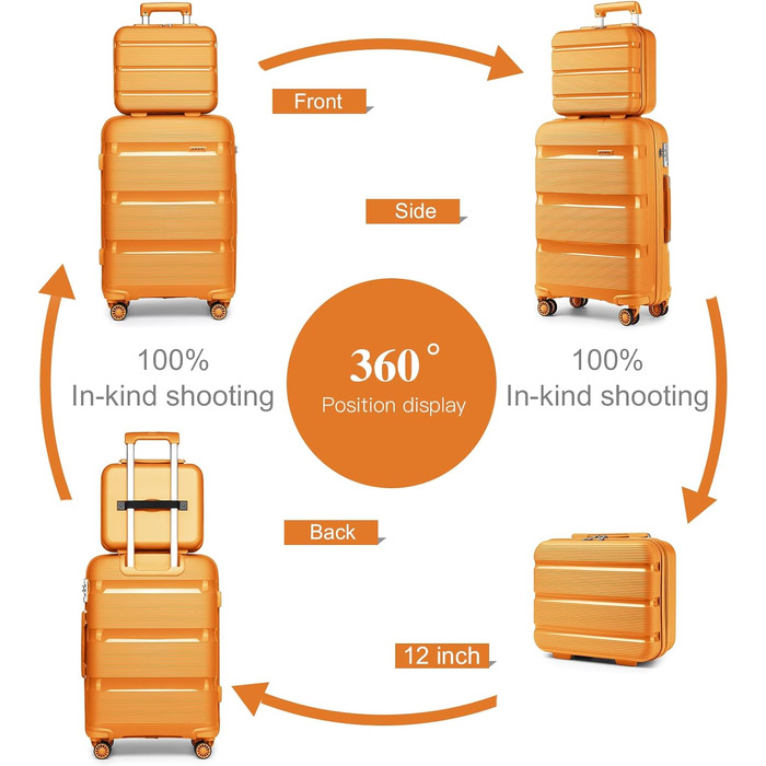 Чемодан для ручної поклажі з 4 колесами, оранжевий, з TSA-замком та YKK-блискавкою, з косметичкою