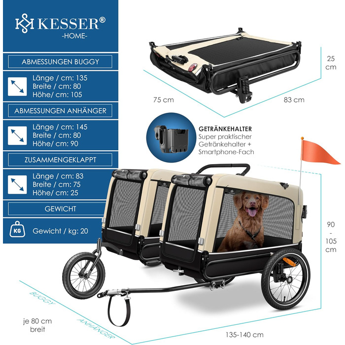 KESSER® Візок для собак Боксер 3-в-1: візок, буксир для велосипеда та лежак. Великий об'єм 240 літрів, амортизація, поворотне переднє колесо 360°, матеріал 600D Oxford Canvas, SmartSpace, вантажопідйомність 40 кг, зелений