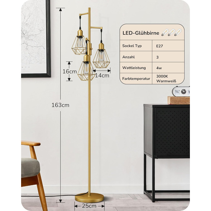 LED торшер Edishine для вітальні, ретро стиль, 3 лампи, диммування, 4W E27, регулювання поворотною ручкою, індустріальний декор з металевим абажуром-сіткою, 2700K, висота 166 см, золотий