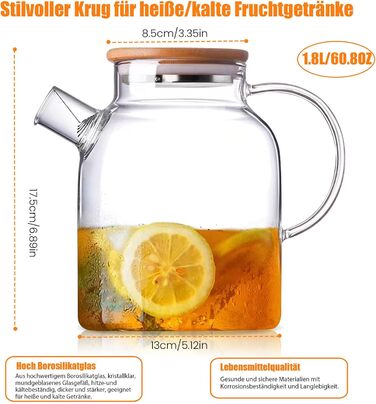 Скляний чайник з ситечком 1800 мл з дерев'яною кришкою, термостійкий боросилікатний чайник для квіткового чаю та соків