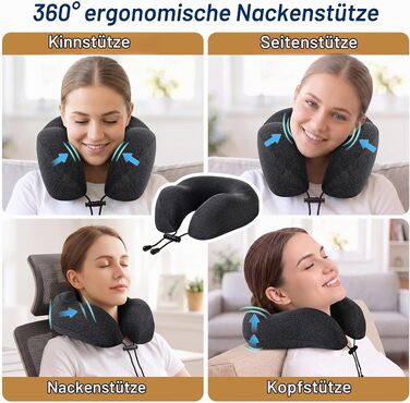 Подушка для подорожей Kobete з ефектом пам'яті (Memory Foam) для шиї, набір для сну в літаку, авто та поїзді: з 3D-маскою, берушами та сумкою, чорна