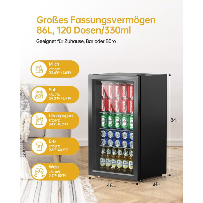 Міні-холодильник для напоїв WIE з подвійними скляними дверцятами, регульованими полицями, 86 літрів, 120 банок, для соди/пива, для дому/кухні/бару/офісу