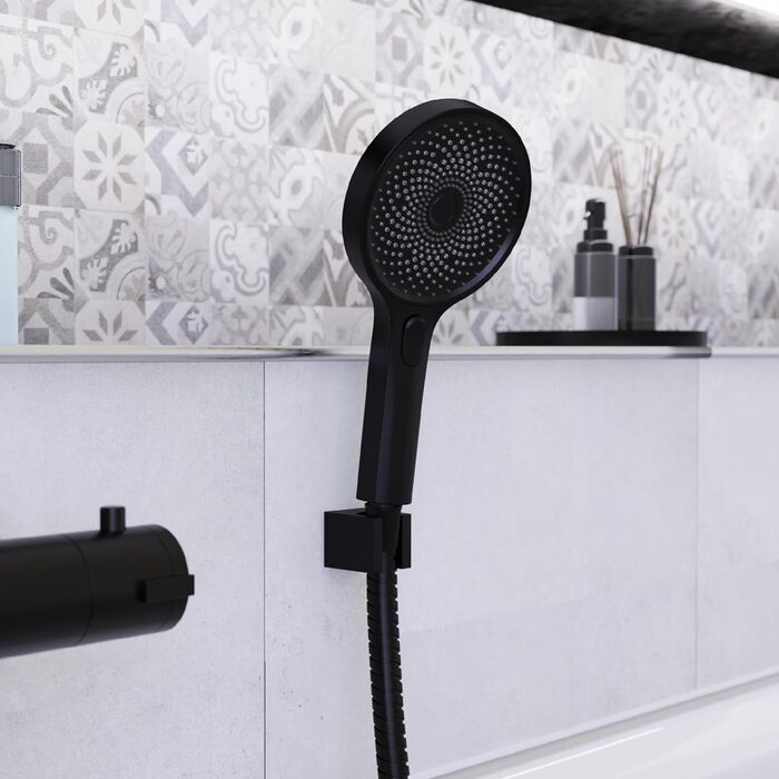 SCHÜTTE Hand Shower SAMOA RAIN | Velvet Jet Technology | Showerhead with over 300 nozzles | 3 adjustable spray patterns | Anti-limescale showerhead for the shower | White (Black)