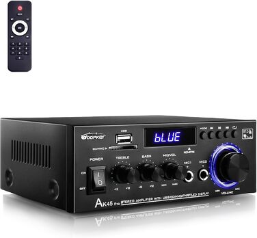 HiFi підсилювач WOOPKER AK45 Pro, 500 Вт, Bluetooth, 2-канальний, стерео, міні аудіо ресивер з FM-радіо, USB/SD/AUX/RCA/MIC входами, 12В/220В для колонок