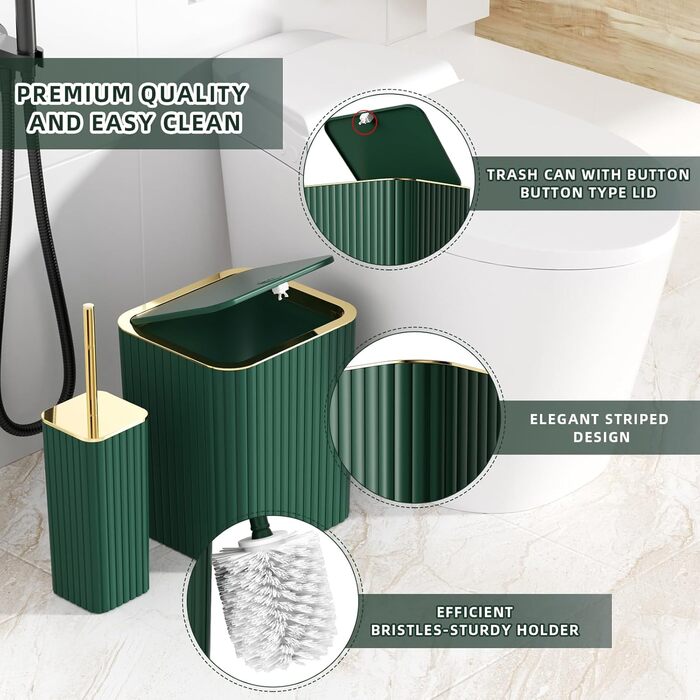 Набір аксесуарів для ванної кімнати – 10-ти частинний зелений набір, WC-щітка, смітник, темно-зелений та золотий колір