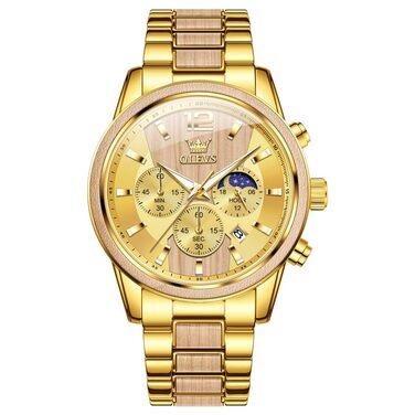 Чоловічий годинник OLEVS з дерев'яним ремінцем, кварцовий механізм, хронограф, нержавіюча сталь, водонепроникний, світні стрілки, подарункова коробка (3645-gold)