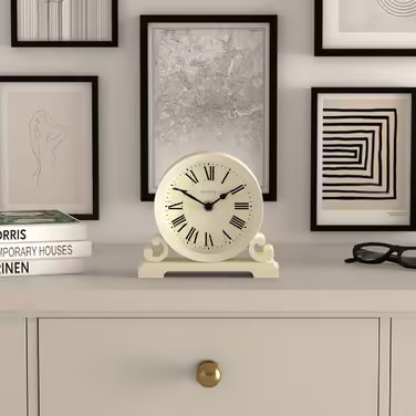 JONES CLOCKS® Saloon Table Clock | Traditional Double-Scroll Design | | Roman Numerals | Classic style for desk, table, shelf or bedside table. (White)