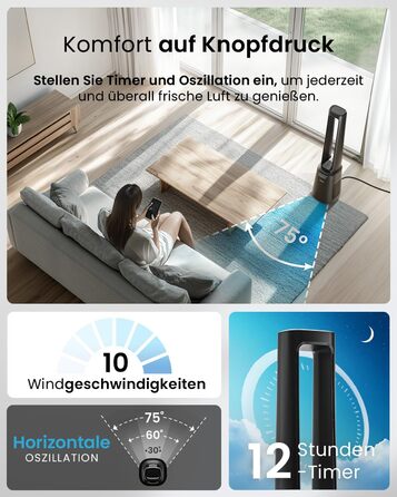 Вентилятор Pro Breeze OmniAir з очищувачем повітря, 105 см, осциляція 75°, пульт ДУ, HEPA 13 фільтр, LED дисплей, 10 швидкостей, тихий, 5 режимів, Smart App, чорний