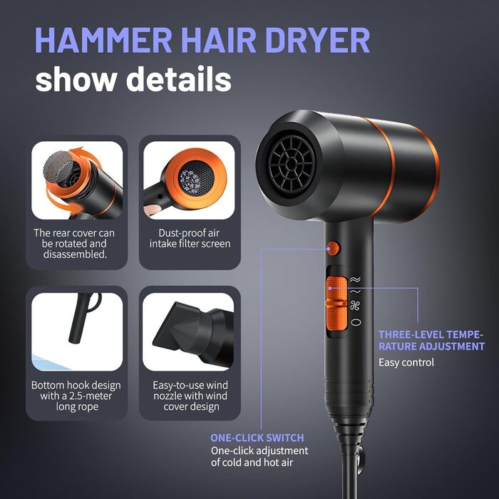 Іонізатор для волосся: потужний туристичний фен для дому, салону та подорожей, з функцією гарячого/холодного повітря
