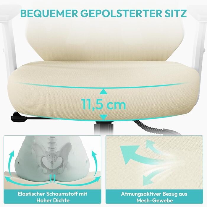 Офісне крісло Yaheetech ергономічне з регульованою підголівником, підлокітниками та поперековою підтримкою, поворотне, з функцією відкидання спинки до 130°, регульована висота (Бежевий)