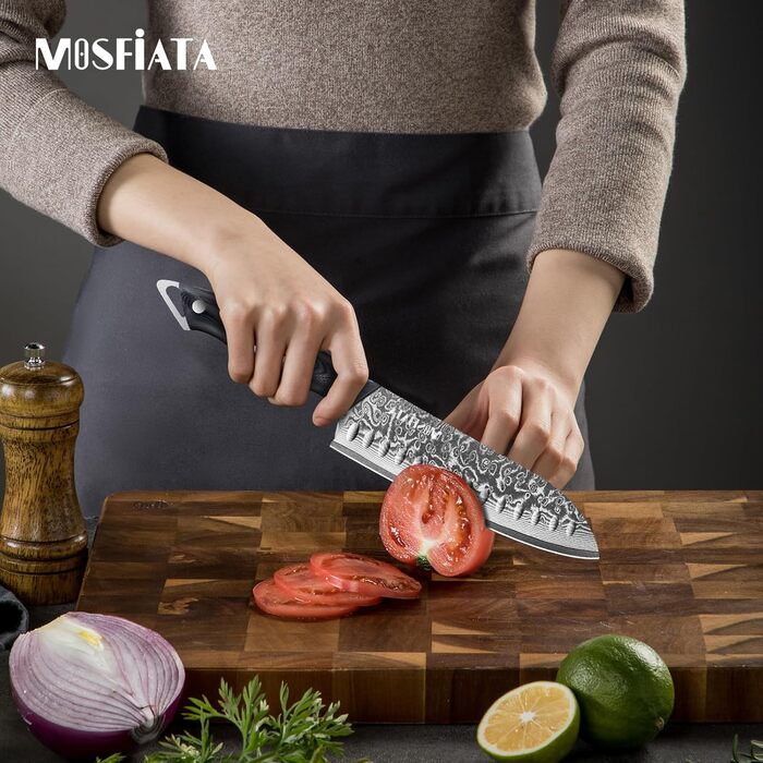 Ніж кухарський MOSFiATA Damast 8 дюймів - Японський ніж з дамаської сталі, з чохлом, захистом для пальців та подарунковою упаковкою