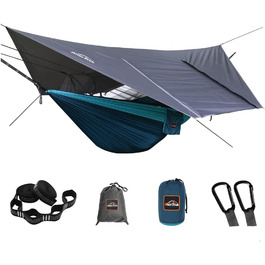 Гамак для кемпінгу з москітною сіткою та тент від дощу, двомісний, 210T нейлон, водонепроникний, для піших прогулянок (зелений, блакитний)