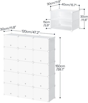 HOOBRO Shoe Rack with 8 compartments, shoe cabinet, for 32 pairs of shoes, 40 x 30 x 30 cm per compartment, narrow, with doors, plastic, for living room, bedroom, hallway, entrance, White EWT28SC01G1 (15 compartments, 120 x 30 x 150 cm), White)