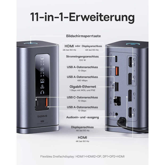 Базаус Док-станція USB-C 12-в-1 для ноутбуків Dell/HP/Lenovo/Asus/Acer/Mac, 2 монітори 4K HDMI, 10Gbps USB-C/A, 100W PD, Gigabit Ethernet