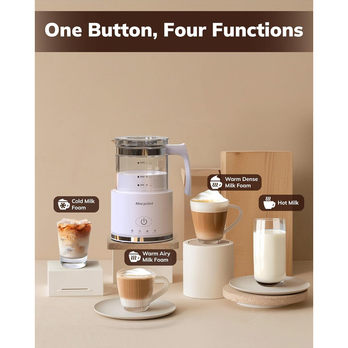 Morpilot Milk Frother Electric, 500ml 600W, 4-in-1 Milk Frother for Hot and Cold, Dishwasher Safe, Visual Glass, Latte Design, White