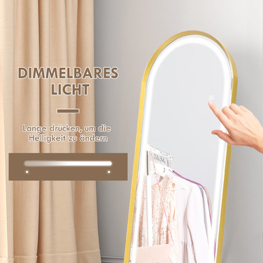 Дзеркало для всього тіла HOMCOM з LED-підсвіткою, регульованою яскравістю, настінне та напольне дзеркало, дзеркало для гардеробної з сенсорним вимикачем, золото, 47x146 см