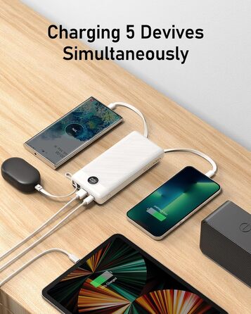 Power Bank VEEKTOMX 20000mAh з 5 виходами та 2 входами, білий. Портативний акумулятор для iPhone, iPad, Samsung, Xiaomi, Google Pixel