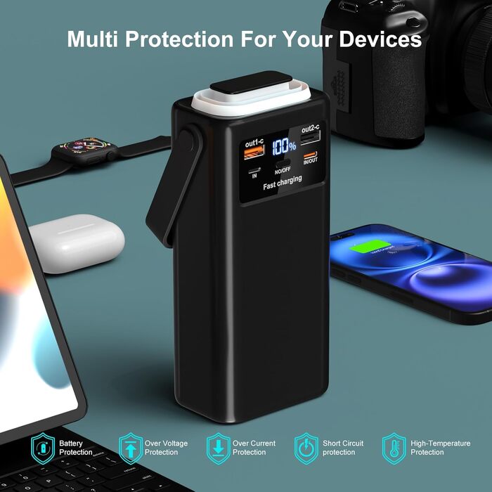 Power Bank 60000mAh 45W з LED-дисплеєм та 7 виходами - Зовнішній акумулятор для кемпінгу та подорожей, чорний