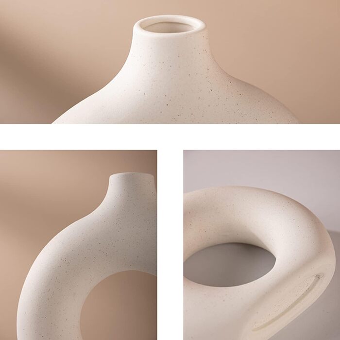 Ceramic Vase Set for Pampas Grass - 2pcs (Large & Medium), Modern Matte Donut Vases for Home Decor, Flowers, Table, Shelf, Fireplace, Living Room, Bedroom, Office, Wedding, Party, Gift - White
