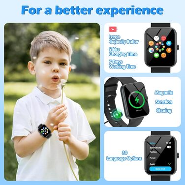 Дитячий розумний годинник Kinder Sport Fitness для дівчаток та хлопчиків з крокомером, 100+ спортивних режимів, будильником, іграми, секундоміром, повідомленнями, активним трекером для підлітків 5-16 років, чорний