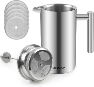 French Press 1000 ml / 8 Cups, Stainless Steel Coffee Maker, Double-Walled Insulated, Coffee Press with Replacement Filter - 1 Liter