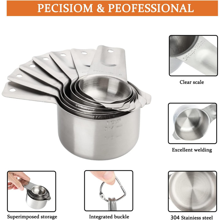 Stainless Steel Measuring Cups & Spoons 14-Piece Set Kitchen Accessories, Measuring Cups & Measures, Includes 7 Nesting Metal Measuring Cups and 7 Measuring Spoons for Baking & Cooking