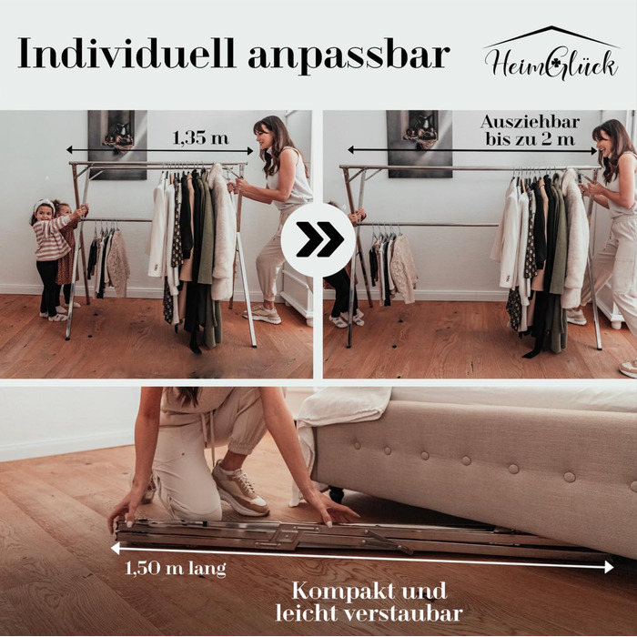 Clothes Rack / Laundry Rack + Bag Moritz [Extendable 1.30-2.0m, foldable, very stable stainless steel] Clothes Rail, Coat Rack, Entrance Hall Coat Rack, Open Wardrobe (Silver, with hooks / with bag / with wheels)