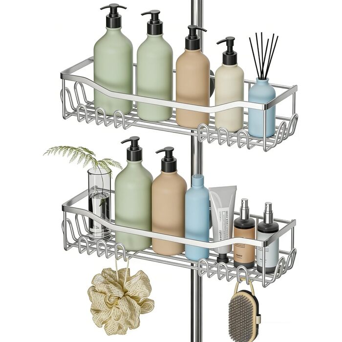 Двомісна поличка для душу без свердління, нержавіюча сталь 304, велика місткість, для стійок 18-25 мм, срібна