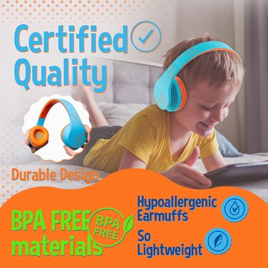 Дитячі навушники PowerLocus Bluetooth з обмеженням гучності 85dB, складні, з чохлом, Over-Ear, бездротові та провідні з мікрофоном, Micro-SD для телефону, ПК, планшета, помаранчеві