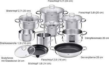 Silit Tuscany Cookware Set, induction-compatible, 10-piece, saucepan set with glass lid, induction saucepans, milk pot, steamer insert, frying pan, stainless steel, partially matte, induction cookware set, uncoated, single