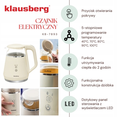 Електричний скляний чайник Klausberg KB-7893 з LED-дисплеєм та вибором температури, 1 л