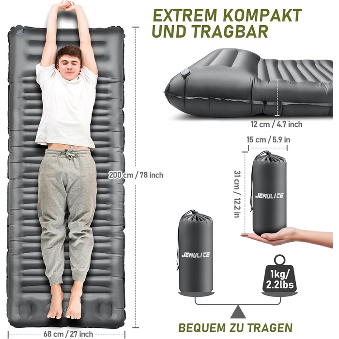 JEMULICE Self-Inflating Sleeping Pad - 12cm Thick, Compact Camping Air Mattress with Foot Pump & Pillow, Ultralight Waterproof for Hiking & Outdoor Use - Grey