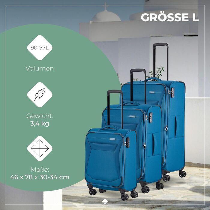 Набір валіз Travelite Chios (L/M/S) Petrol: міцний корпус, ручна поклажа, IATA
