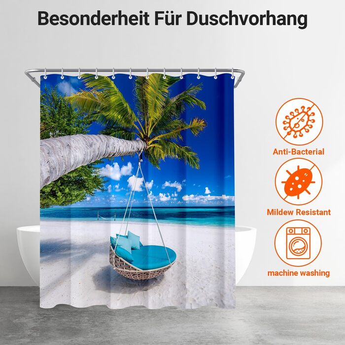 Штора для ванної кімнати 180x200 см, антигрибкова, водовідштовхувальна, з поліестеру, з кільцями (220x180 см)