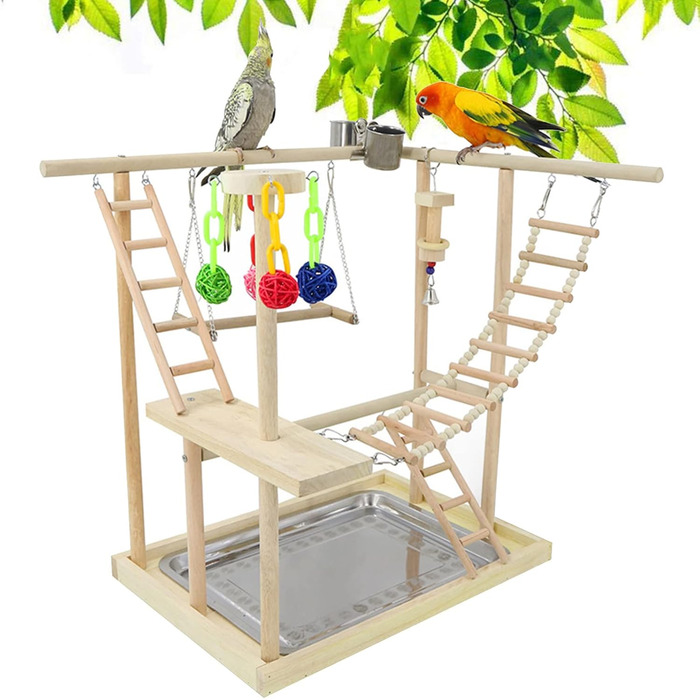 Bird Playground, parakeet toys, bird play stand, bird gym, bird accessories, climbing frame ladder, running cage with feeder cups, tray, swing for budgies, canaries, parakeets, and other birds (#6)
