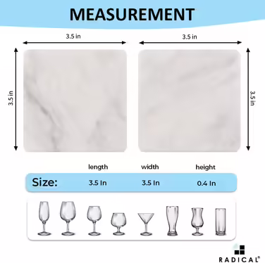 Set of 6 white, handcrafted marble coasters, 8.9 cm, for bar drinks and coffee cups, square coaster set for kitchen – ideal pot mat, coasters, plates – no wood