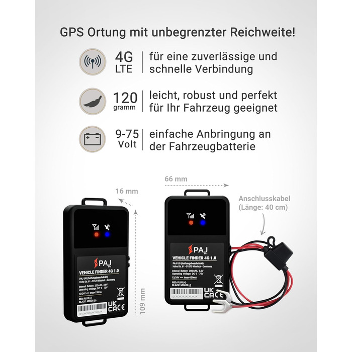 4G GPS-трекер PAJ для мотоцикла, авто і транспорту, підключення 9-75V, захист від крадіжки, онлайн-моніторинг через додаток, 365 днів збереження маршрутів, монтаж на акумулятор, кабель 40 см