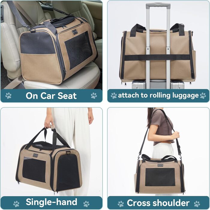 Транспортна переноска для котів та маленьких собак Petfit - легка переноска для подорожей літаком, з ременем безпеки та розкладною підстилкою, колір хакі (L)