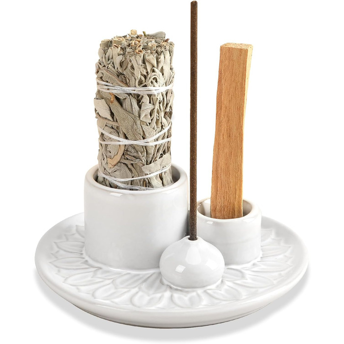 Palo Santo Incense Holder, Handmade Ceramic Incense Burner for Palo Santo Sticks, Sage Holder for Burning, Ash Catcher Tray for Meditation, Yoga Room, White