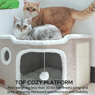 Large Cat Cave Bed for House Cats, Foldable Pet House, Cube with Scratch Pad, Kitten Cave, Cat Hideaway Cute Hut with Soft Cushion Mat, Beige, 43.2 x 43.2 x 33 cm