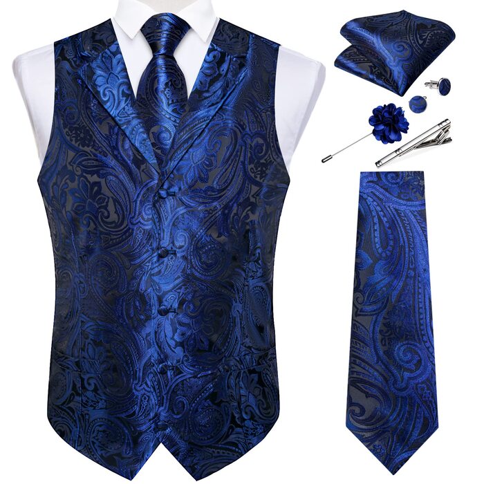 Костюмний комплект DiBanGu: жилет, краватка, хустинка, запонки, лапєль Pin (7 предметів) з паєчним візерунком, синій, XL