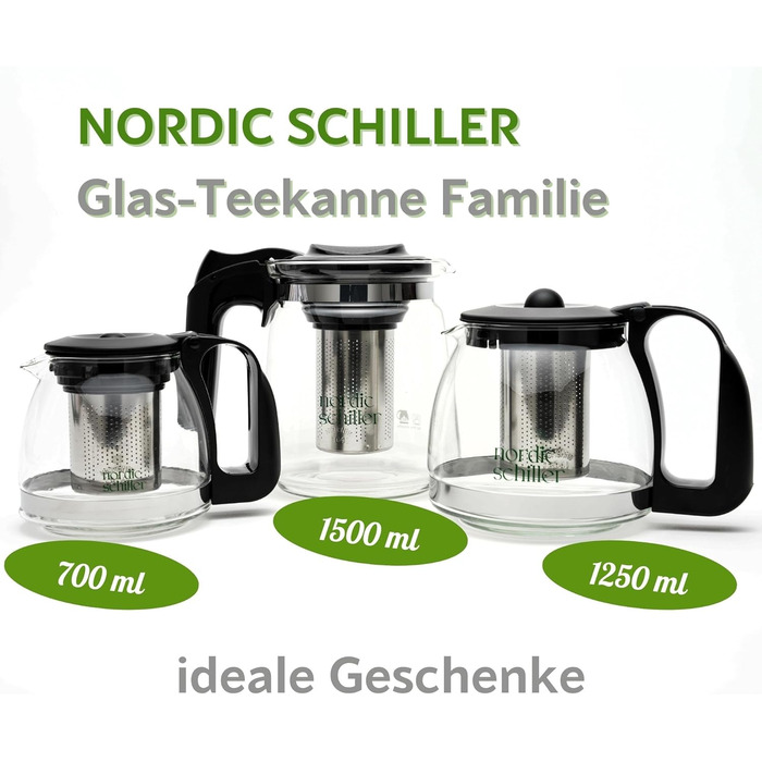 Чайник NORDIC SCHILLER Premium зі скла, 1,5 л з нержавіючою сталлю, з ситечком | Чайник зі скла з нержавіючою сталлю