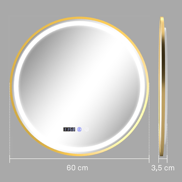 HOMCOM Round Bathroom Mirror with LED Lights, Anti-Fog Function, Touch Controls, and Display