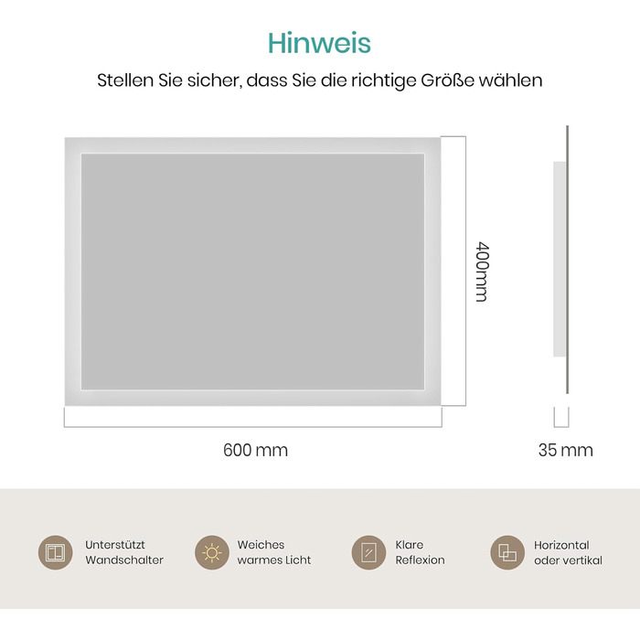 Дзеркало для ванної кімнати EMKE® з підсвічуванням 80x60 см, тепле біле світло 3000K, вимикач, вертикальна/горизонтальна установка, IP44, енергозберігаюче