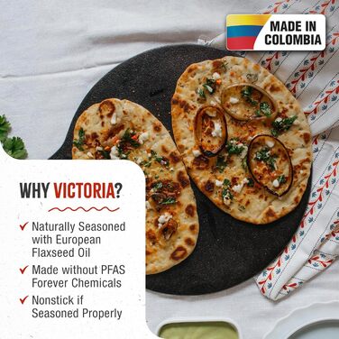 Чавунна сковорода Victoria Tawa 30,5 см для доса, піци та млинців, з петлевою ручкою, покрита лляною олією, вироблено в Колумбії