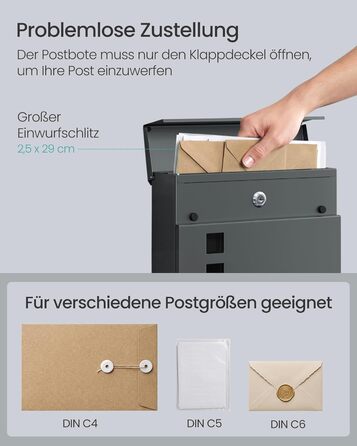 Поштовий ящик SONGMICS XXL з газетницею, антрацит, 37x37x10.5 см, з ключем, захист від реклами, сучасний, для дому та саду
