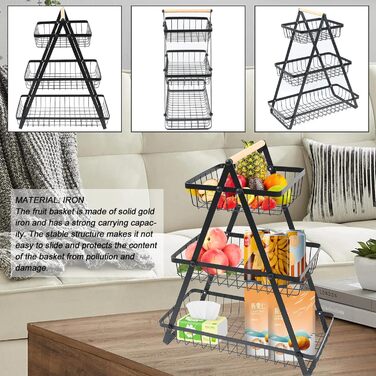 Багатоярусна металева підставка для фруктів та овочів MaxEarn - 3 яруси, велика місткість, з дерев'яною ручкою